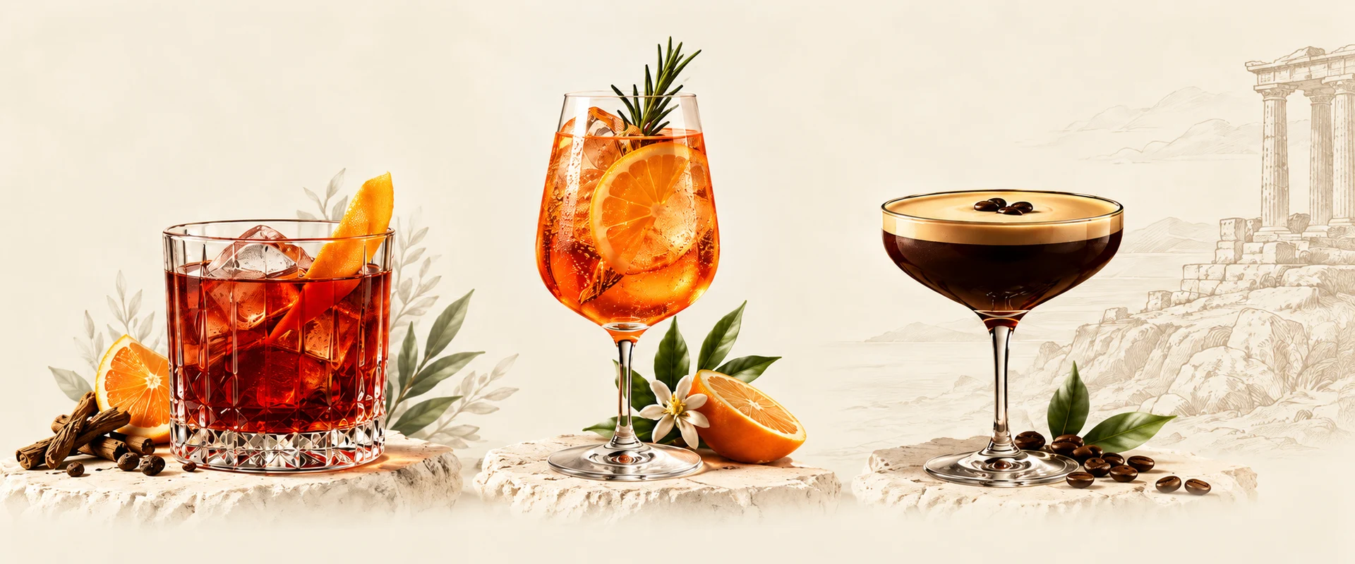 Negroni rosso con ghiaccio e scorza d’arancia in un tumbler di cristallo; Spritz ambrato in calice con arancia e rosmarino; Cocktail al caffè in coppetta con crema e chicchi di caffè