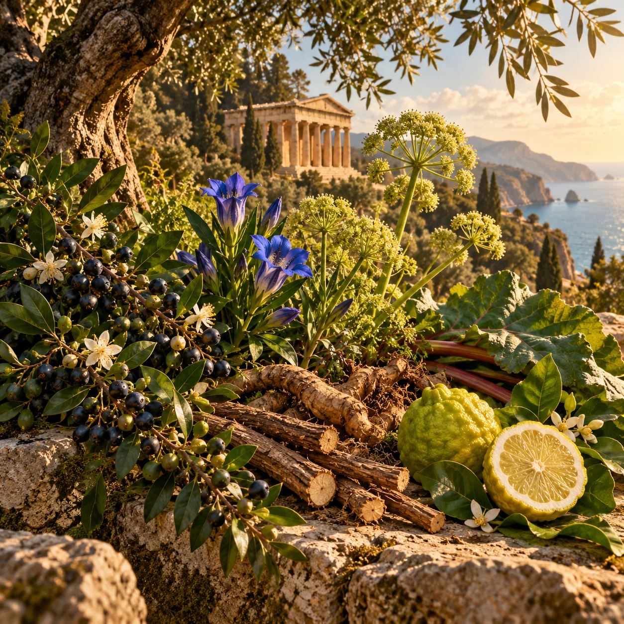 Erbe, bacche, radici e bergamotto nella luce dorata di un bosco mediterraneo, con un tempio sullo sfondo
