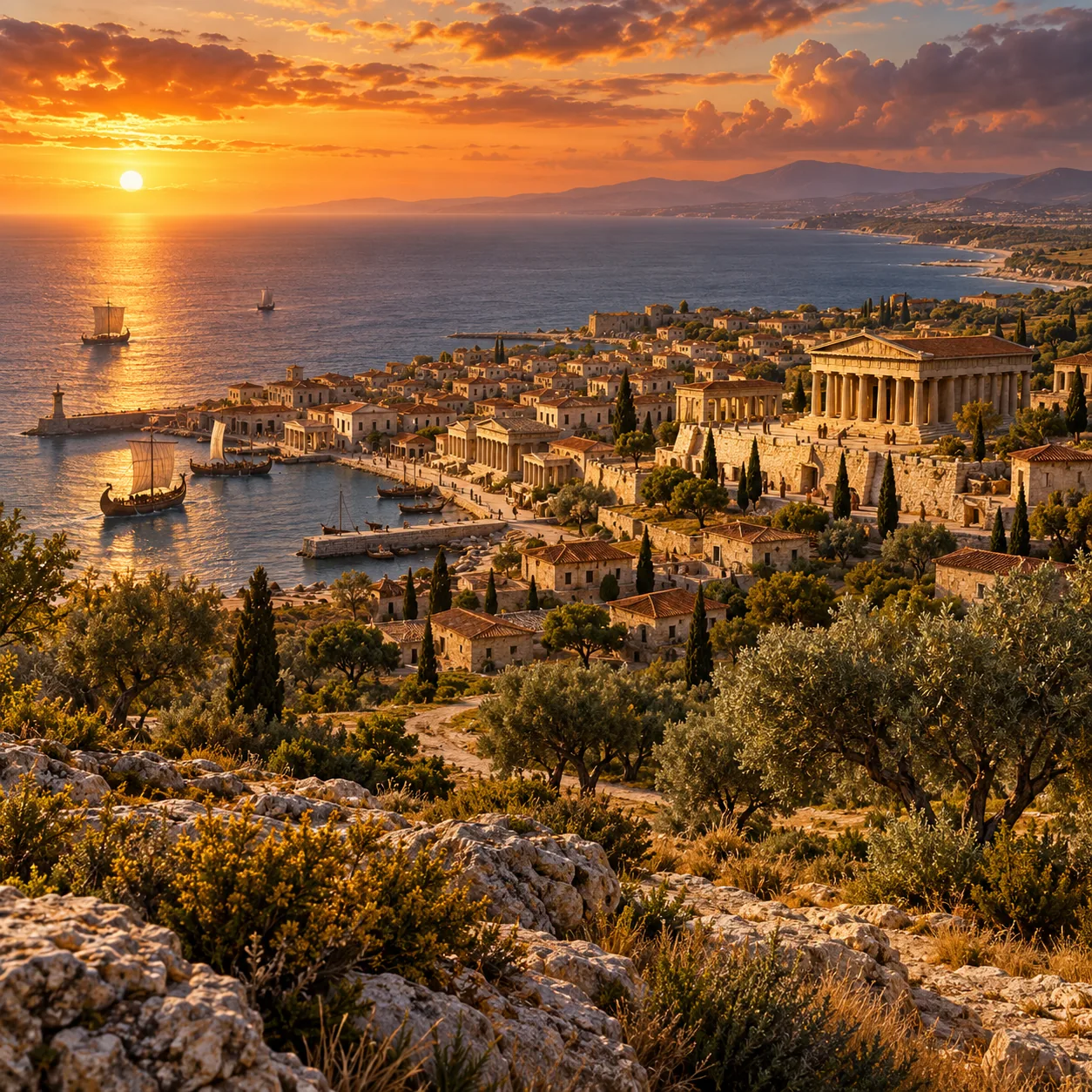 Ricostruzione artistica di Crotone antica, tra templi, ulivi e il mare Ionio nella luce del tramonto