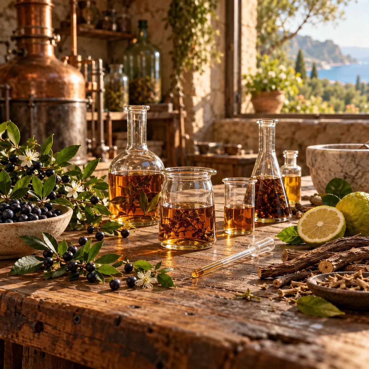 Scena illustrativa di ricerca artigianale: infusi ambrati, mirto, radici e bergamotto su un banco di lavoro